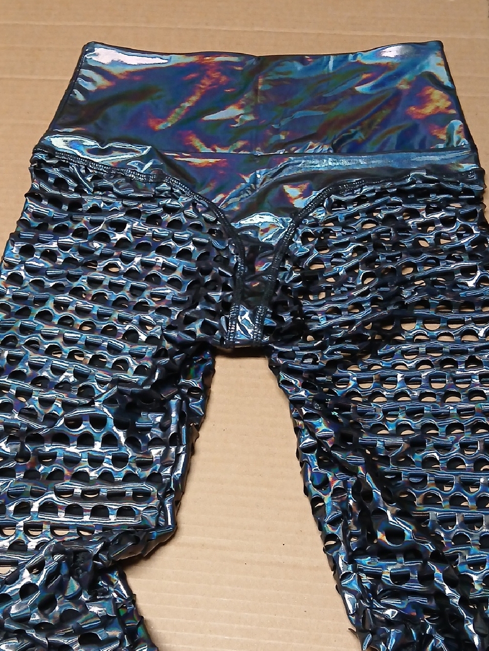 Silver Oil Slick Holographic Effect See-Through Cut-Out Pattern Rave Leggings M - Picture 6 of 9